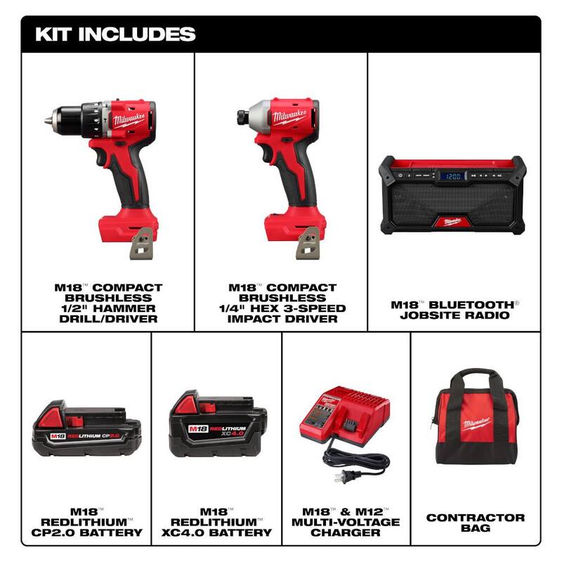 Juego de Combo de Taladro Martillo de Impacto Compacto Inalámbrico sin Escobillas de 18 voltios Milwaukee M18 con baterías y radio para el sitio de trabajo - 3693-22CX-2952-20