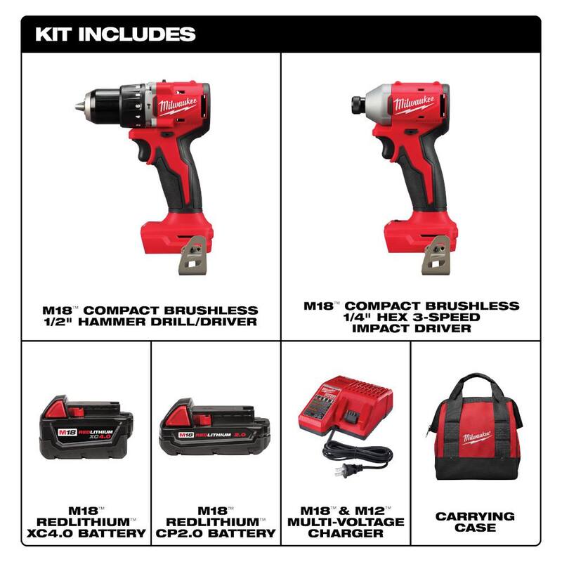Milwaukee M18 18-Volt Lith-Ion Brushless Cordless Compact Hammer Drill/Impact Combo Kit con 2 baterías y M18 Inflador Portátil - 3693-22CX-2848-20