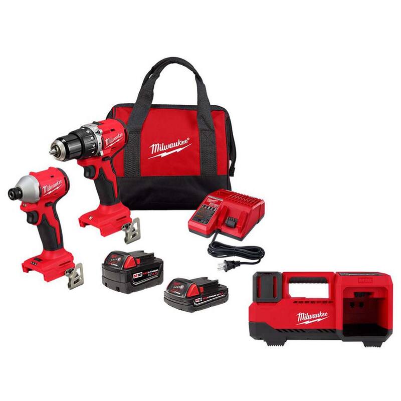Milwaukee M18 18-Volt Lith-Ion Brushless Cordless Compact Hammer Drill/Impact Combo Kit con 2 baterías y M18 Inflador Portátil - 3693-22CX-2848-20