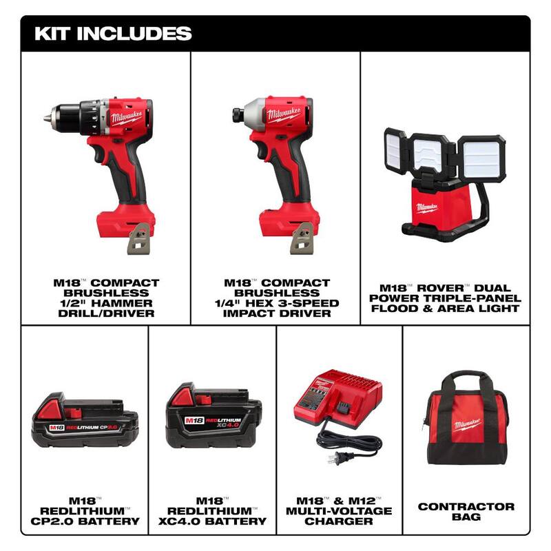 Milwaukee M18 18-Volt Lith-Ion Brushless Cordless Compact Hammer Drill/Impact Combo Kit con (2) baterías y M18 ROVER Flood Light - 3693-22CX-2368-20