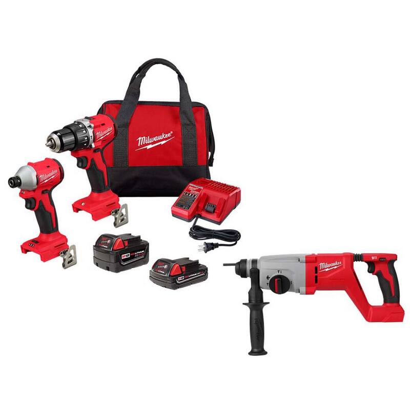 Juego combo de taladro martillo inalámbrico compacto Milwaukee M18 18-Volt Lith-Ion Brushless con Impacto que incluye (2) baterías y taladro martillo M18 Rotary Hammer - 3693-22CX-2613-20