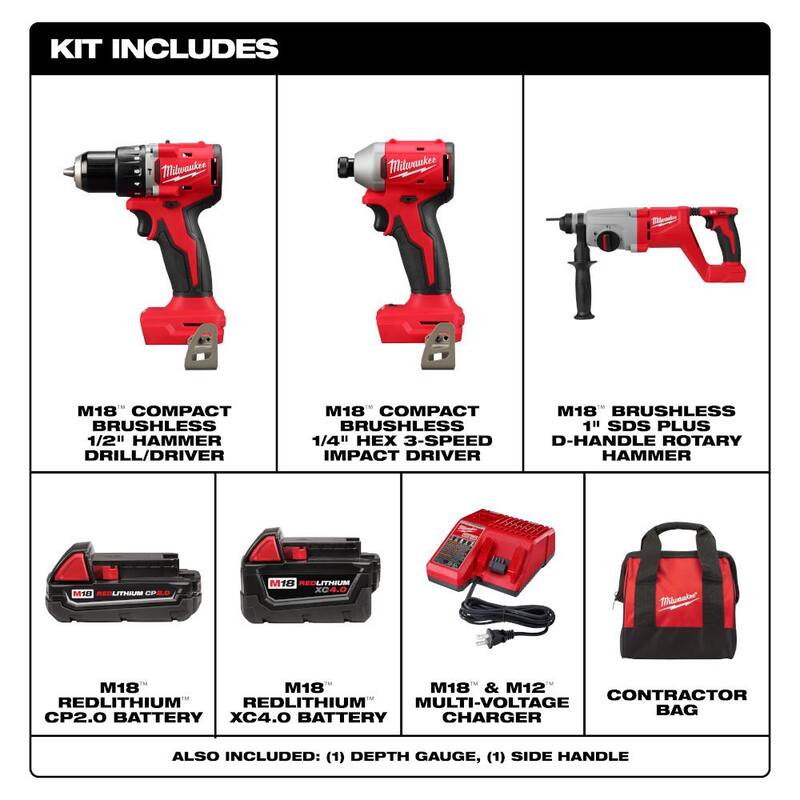Juego combo de taladro martillo inalámbrico compacto Milwaukee M18 18-Volt Lith-Ion Brushless con Impacto que incluye (2) baterías y taladro martillo M18 Rotary Hammer - 3693-22CX-2613-20
