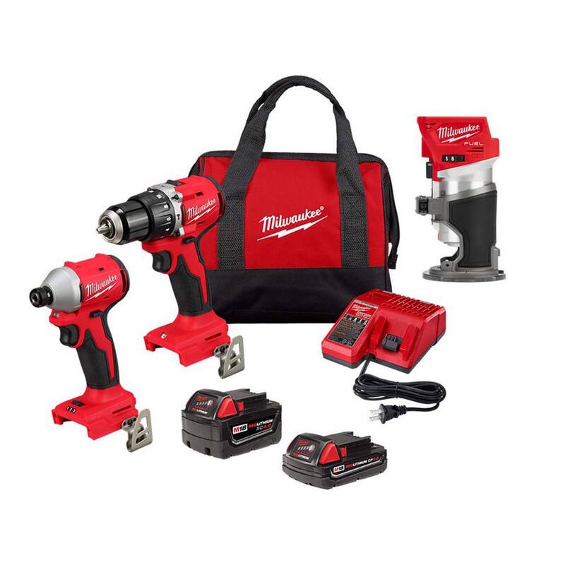 Milwaukee M18 18-Volt Lith-Ion Brushless Cordless Compact Hammer Drill/Impact Combo Kit (2 herramientas) con 2 baterías y M18 FUEL Router - 3693-22CX-2723-20