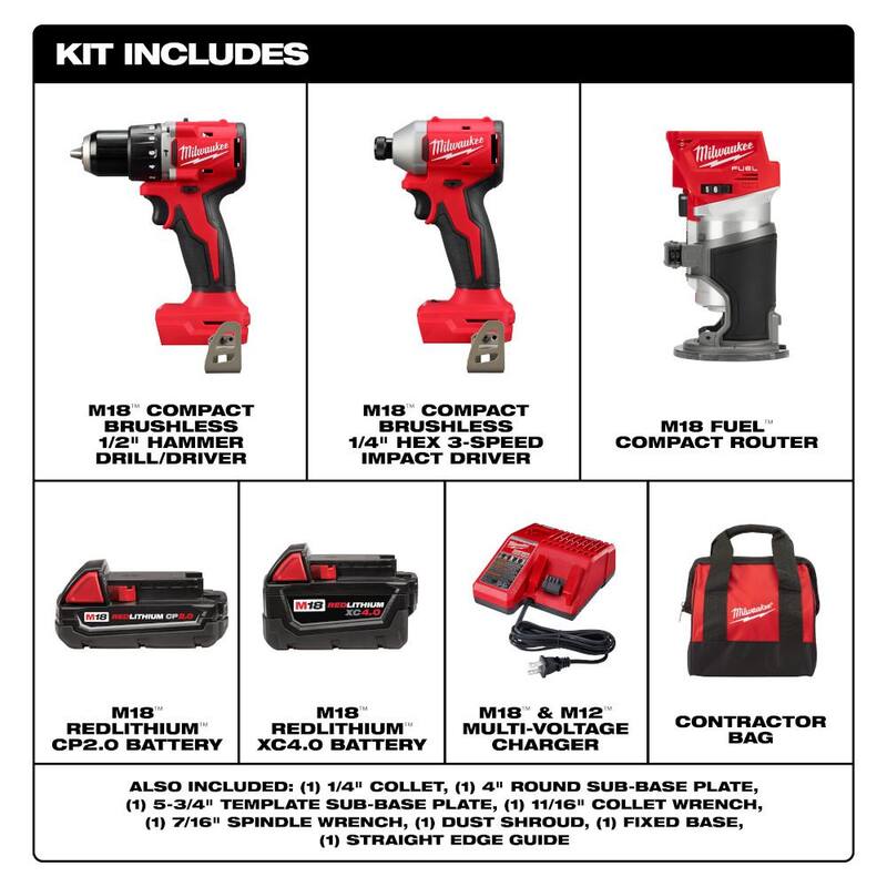 Milwaukee M18 18-Volt Lith-Ion Brushless Cordless Compact Hammer Drill/Impact Combo Kit (2 herramientas) con 2 baterías y M18 FUEL Router - 3693-22CX-2723-20
