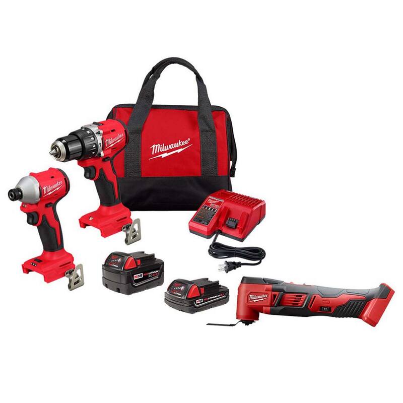 Juego Combo de Taladro/Impacto Inalámbrico Milwaukee M18 18-Volt Litio-Ion sin Escobillas Compacto (2 Herramientas) con (2) Baterías y Multiherramienta M18 - 3693-22CX-2626-20.