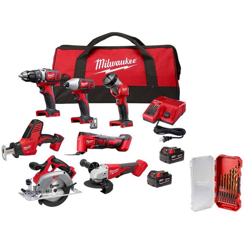Milwaukee M18 18-Volt Lithium-Ion Cordless Combo Kit 7-Tool con 2 baterías, cargador y bolsa de herramientas con juego de brocas (15 piezas) - 2695-27SH-48-89-4670
