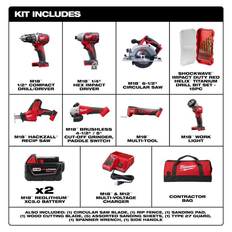Milwaukee M18 18-Volt Lithium-Ion Cordless Combo Kit 7-Tool con 2 baterías, cargador y bolsa de herramientas con juego de brocas (15 piezas) - 2695-27SH-48-89-4670