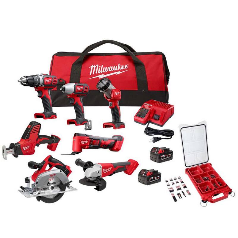 Milwaukee Juego de Combo Inalámbrico de Iones de Litio de 18V M18 con 7 Herramientas, 2 Baterías, Cargador y Set de Puntas de Destornillador SHOCKWAVE (100 piezas) - 2695-27SH-48-32-4082
