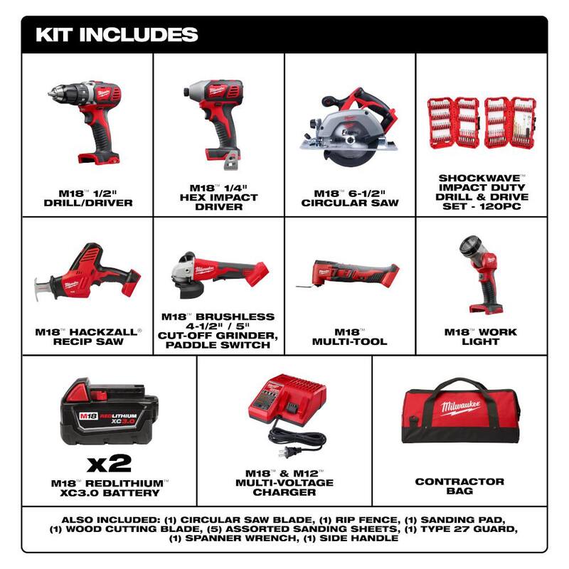 Milwaukee M18 18-Volt Lithium-Ion Cordless Combo Kit 7-Tool with 2-Batteries, Charger and Tool Bag with Bit Set (120-Piece) - 2695-27SH-48-32-5155

Kit Combo inalámbrico de 7 herramientas Milwaukee M18 de 18 voltios de ion de litio con 2 baterías, cargador y bolsa de herramientas con juego de puntas (120 piezas) - 2695-27SH-48-32-5155