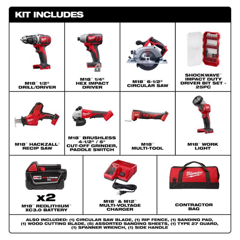 Juego combinado inalámbrico de 7 herramientas Milwaukee M18 18V de iones de litio con 2 baterías, cargador y juego de puntas de destornillador (25 piezas) - 2695-27SH-48-32-4095