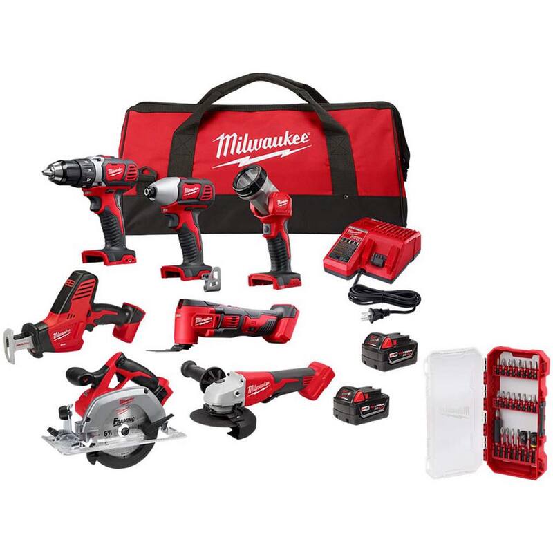 Juego combinado inalámbrico de 7 herramientas Milwaukee M18 18V de iones de litio con 2 baterías, cargador y juego de puntas de destornillador (25 piezas) - 2695-27SH-48-32-4095