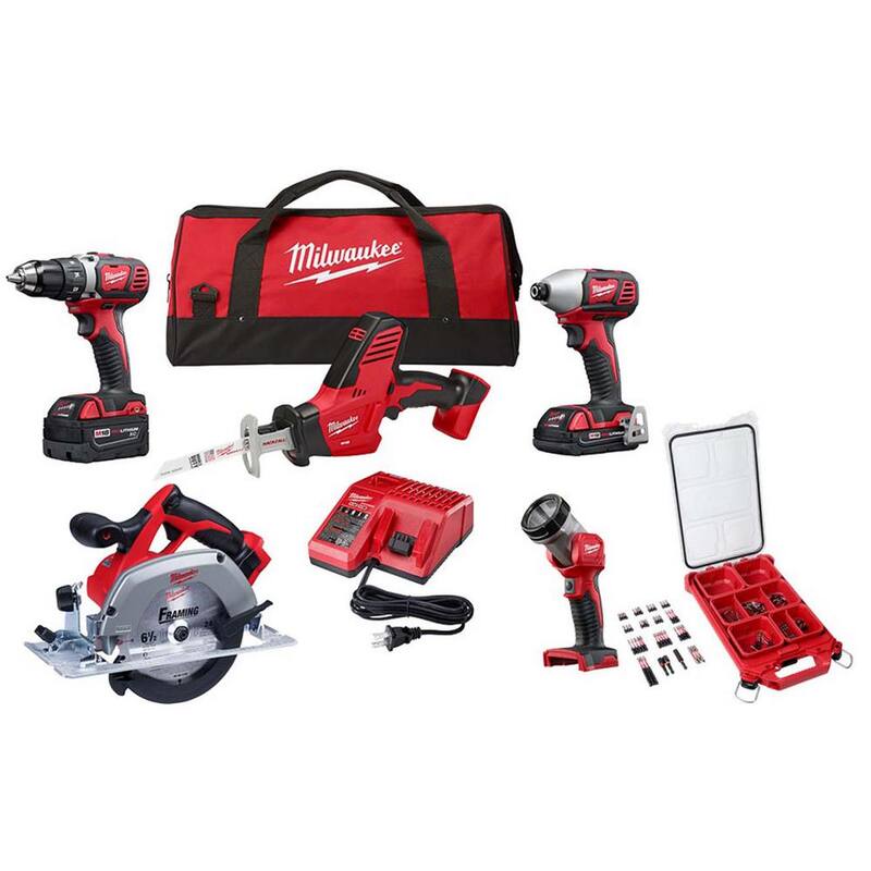 Juego combinado inalámbrico de 5 herramientas Milwaukee M18 18V Lith-Ion con (1) batería de 3.0Ah y (1) batería de 1.5Ah, (1) cargador y juego de puntas (100 piezas) - 2695-25CX-48-32-4082