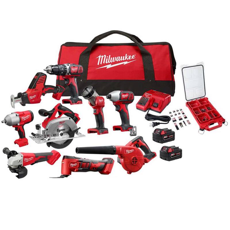 Paquete combinado inalámbrico Milwaukee M18 18V de iones de litio (9 herramientas) con (2) baterías, cargador y juego de puntas para destornillador SHOCKWAVE (100 piezas) - 2694-29-48-32-4082