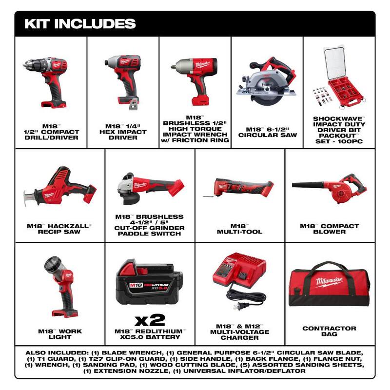 Paquete combinado inalámbrico Milwaukee M18 18V de iones de litio (9 herramientas) con (2) baterías, cargador y juego de puntas para destornillador SHOCKWAVE (100 piezas) - 2694-29-48-32-4082