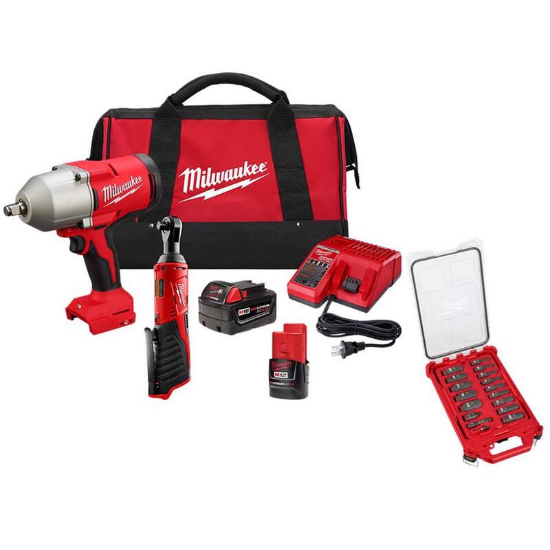 Kit combo de trinquete inalámbrico y llave de impacto de 3/8 y 1/2 pulgadas con juego de dados (17 piezas) de 12/18V de iones de litio Milwaukee M12/M18 - 2666-22RH-49-66-6800