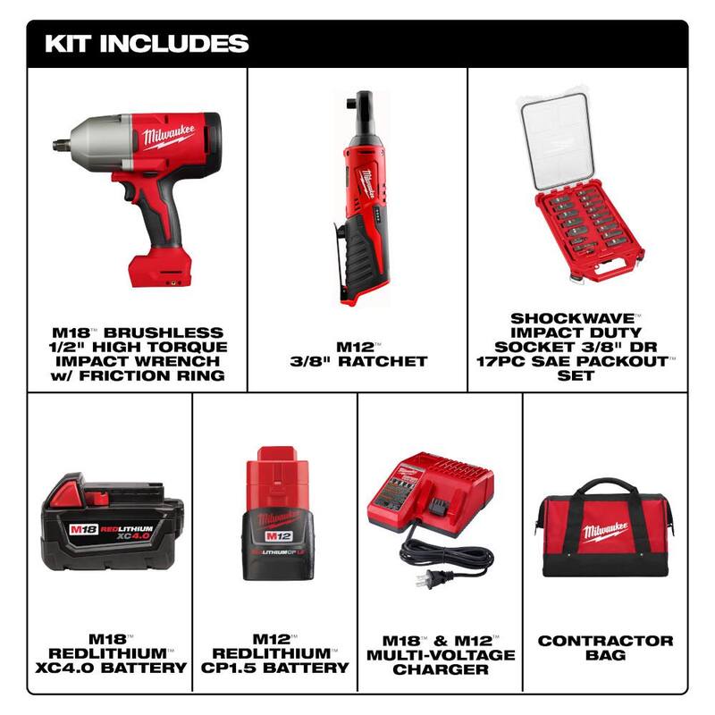 Kit combo de trinquete inalámbrico y llave de impacto de 3/8 y 1/2 pulgadas con juego de dados (17 piezas) de 12/18V de iones de litio Milwaukee M12/M18 - 2666-22RH-49-66-6800