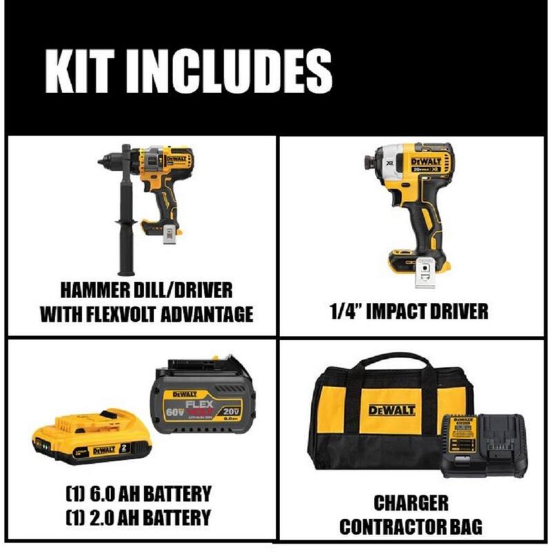 Kit Combo de 2 herramientas inalámbricas DEWALT 20V MAX con taladro/destornillador de martillo sin escobillas y ventaja FLEXVOLT - DCK2100D1T1