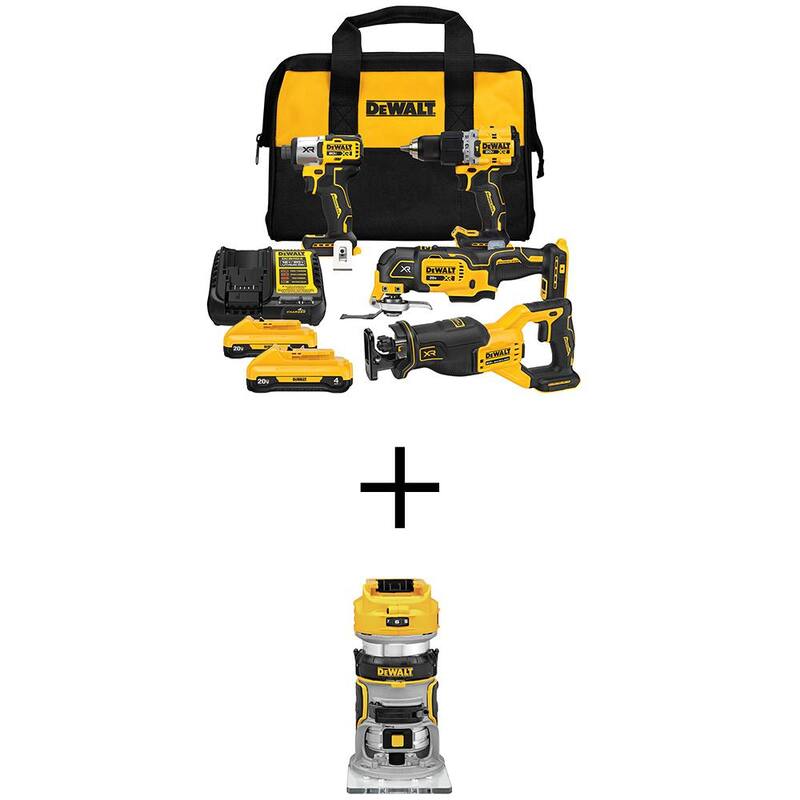 Kit combo inalámbrico DEWALT 20V MAX de 4 herramientas con baterías de 4Ah y cargador, y router compacto de base fija 20V Brushless - DCK411Q2WCW600B