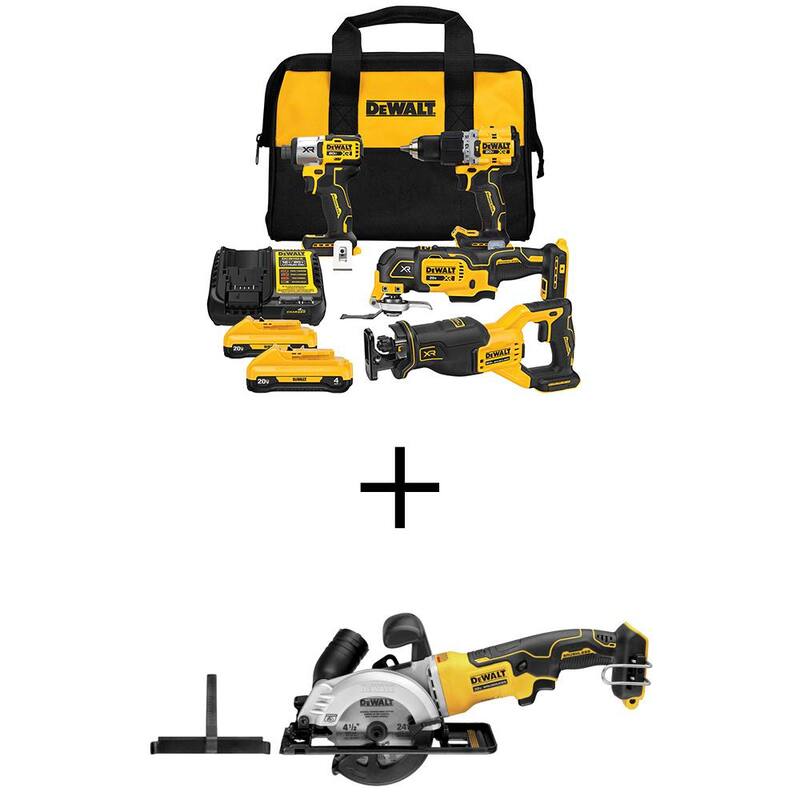 Kit combinado inalámbrico DEWALT 20V MAX de 4 herramientas con batería de ion de litio y sierra circular sin escobillas ATOMIC de 4-1/2 pulgadas con (2) baterías de 4Ah y cargador - DCK411Q2WCS571B