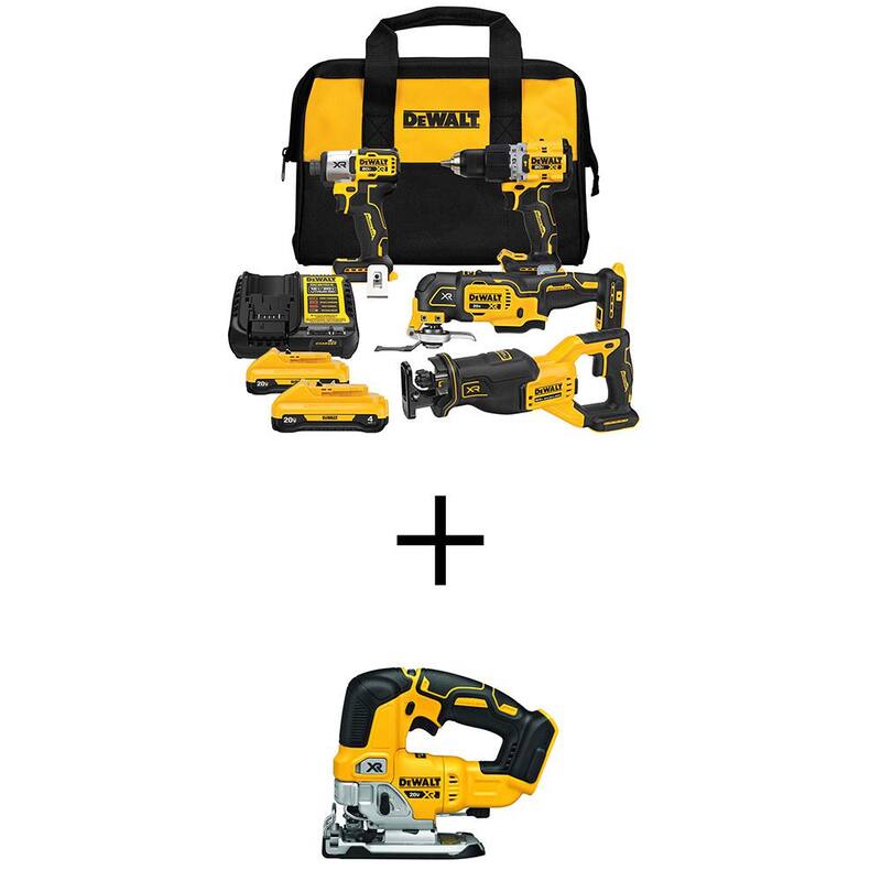 DEWALT 20V MAX Kit Combo de 4 herramientas inalámbricas de iones de litio y sierra de calar inalámbrica 20V XR sin escobillas con (2) baterías de 4 Ah y cargador - DCK411Q2WCS334B