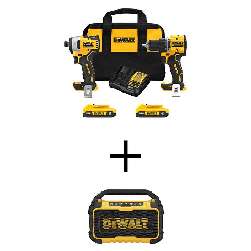 DEWALT ATOMIC 20V MAX Lithium-Ion Combo Kit Inalámbrico (2 Herramientas) y Bocina Inalámbrica con Bluetooth con (2) Baterías 2Ah y Cargador - DCK225D2WDCR010