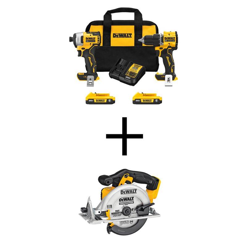 Kit combo inalámbrico DEWALT ATOMIC de 20 voltios MAX con baterías de iones de litio (2 herramientas) y sierra circular de 6.5 pulgadas con (2) baterías de 2 Ah, cargador y bolsa - DCK225D2WCS391B