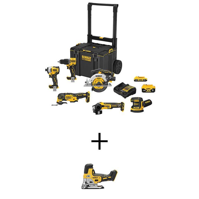 Kit combo inalámbrico DEWALT 20V MAX ToughSystem de 6 herramientas de ion de litio y sierra de calar inalámbrica DEWALT 20V MAX XR con mango en forma de barril - DCKTS681D1P1W35