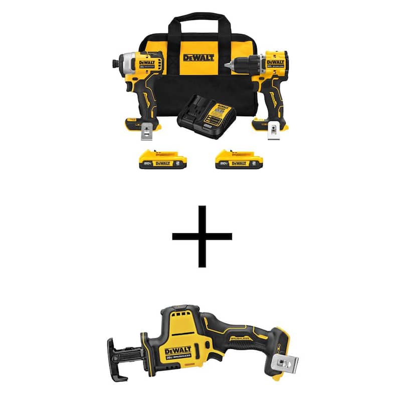 Kit combinado inalámbrico DEWALT ATOMIC 20-Volt MAX de iones de litio (2 herramientas) y sierra de sable compacta con (2) baterías de 2Ah, cargador y bolsa - DCK225D2WCS369B
