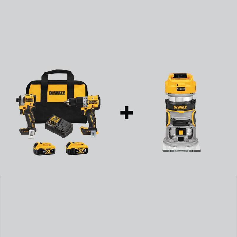 Kit combo inalámbrico DEWALT 20V MAX XR de taladro martillo y percutor ATÓMICO (2 herramientas) y router compacto con (2) baterías de 4Ah - DCK2050M2WCW600