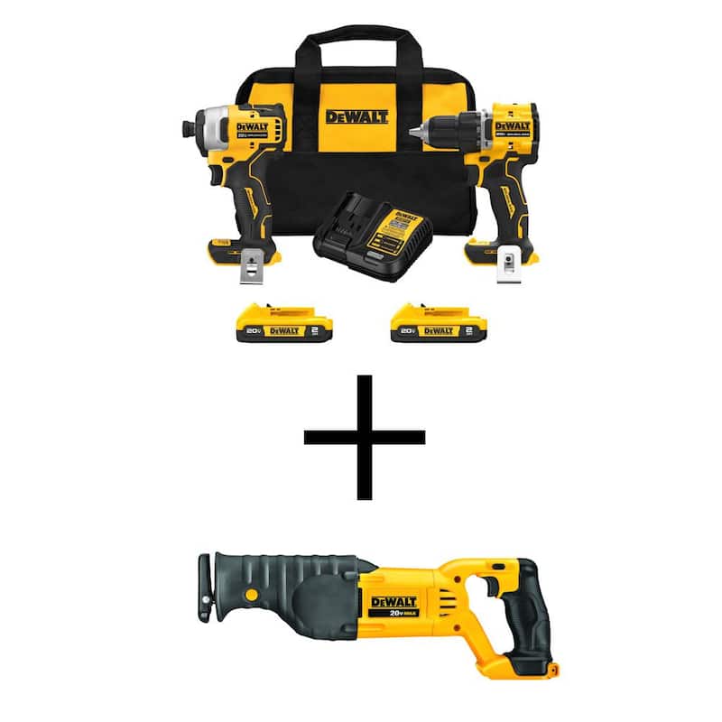 DEWALT ATOMIC Juego combinado inalámbrico de 20 voltios MAX de iones de litio (2 herramientas) y sierra reciproca con (2) baterías de 2Ah, cargador y bolsa - DCK225D2WCS380B