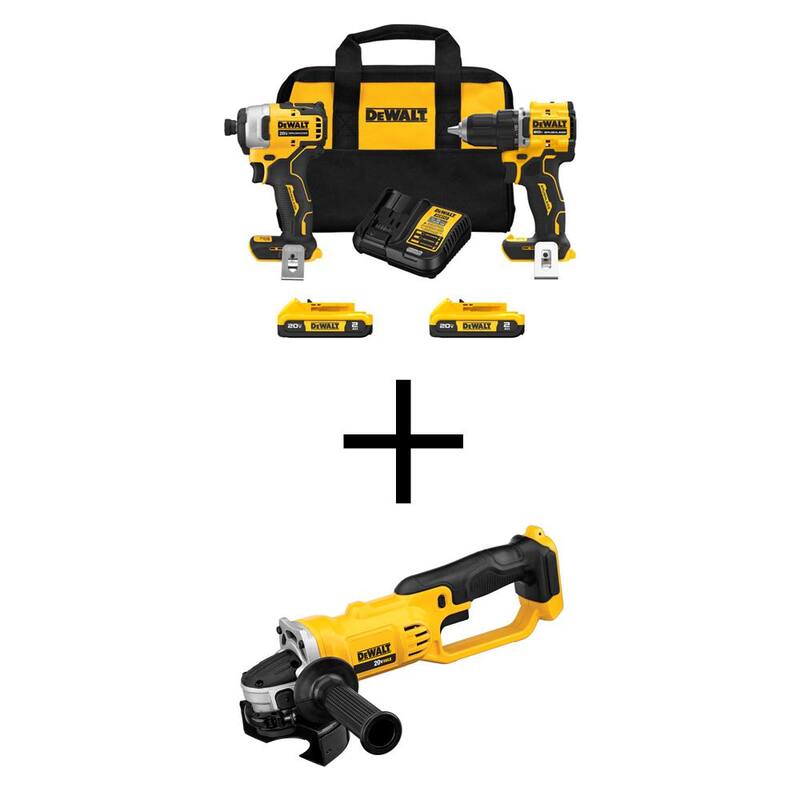 Kit combinado inalámbrico DEWALT ATOMIC de 20 voltios MAX con batería de iones de litio (2 herramientas) y amoladora de 4.5-5 pulgadas con (2) baterías de 2 Ah y cargador - DCK225D2WCG412B