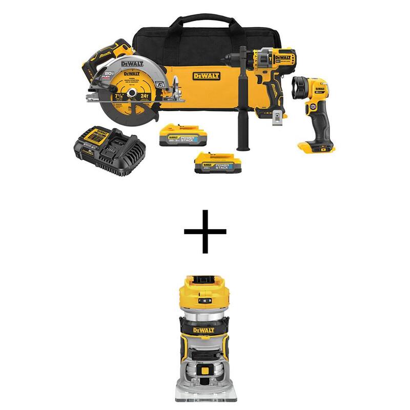 Juego de Combo de 3 herramientas inalámbricas DEWALT 20V MAX de ion de litio y Router compacto de base fija sin escobillas con batería de 5Ah y batería de 1.7Ah - DCK304E1H1W600B