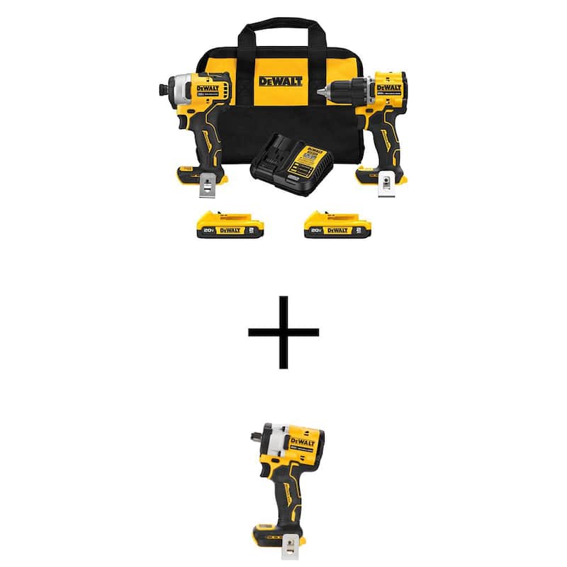 DEWALT ATOMIC 20V MAX Kit de Combos Inalámbrico de Iones de Litio (2 herramientas) y Llave de Impacto de 1/2 pulg. con (2) Baterías de 2Ah, Cargador y Bolsa - DCK225D2WCF921B
