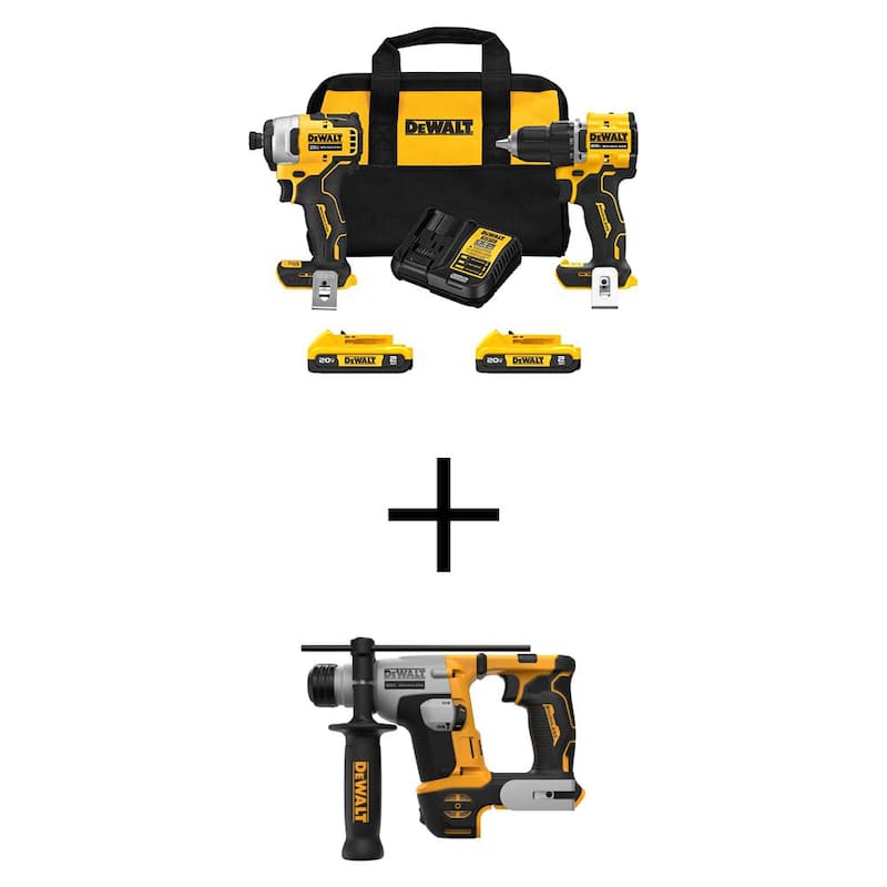 DEWALT ATOMIC 20V MAX Juego de combo inalámbrico de iones de litio (2 herramientas) y taladro percutor de 5/8 pulgadas con (2) baterías de 2Ah, cargador y bolsa - DCK225D2WCH172B
