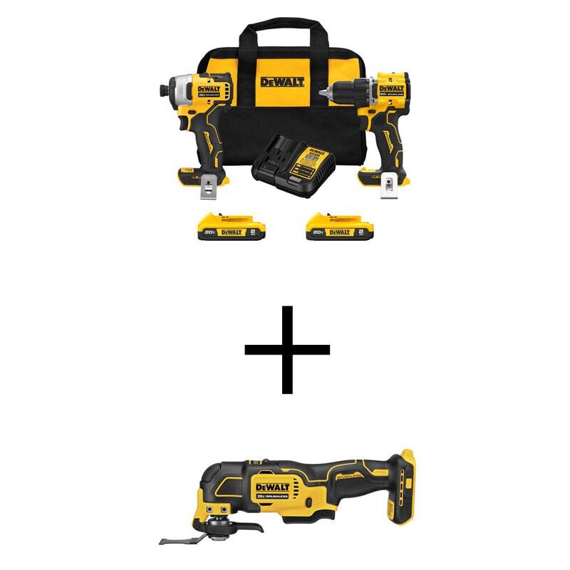 Kit combo inalámbrico DEWALT ATOMIC de 20 voltios con batería de iones de litio MAX (2 herramientas) y herramienta oscilante ATOMIC con (2) baterías de 2Ah y cargador - DCK225D2WCS354B