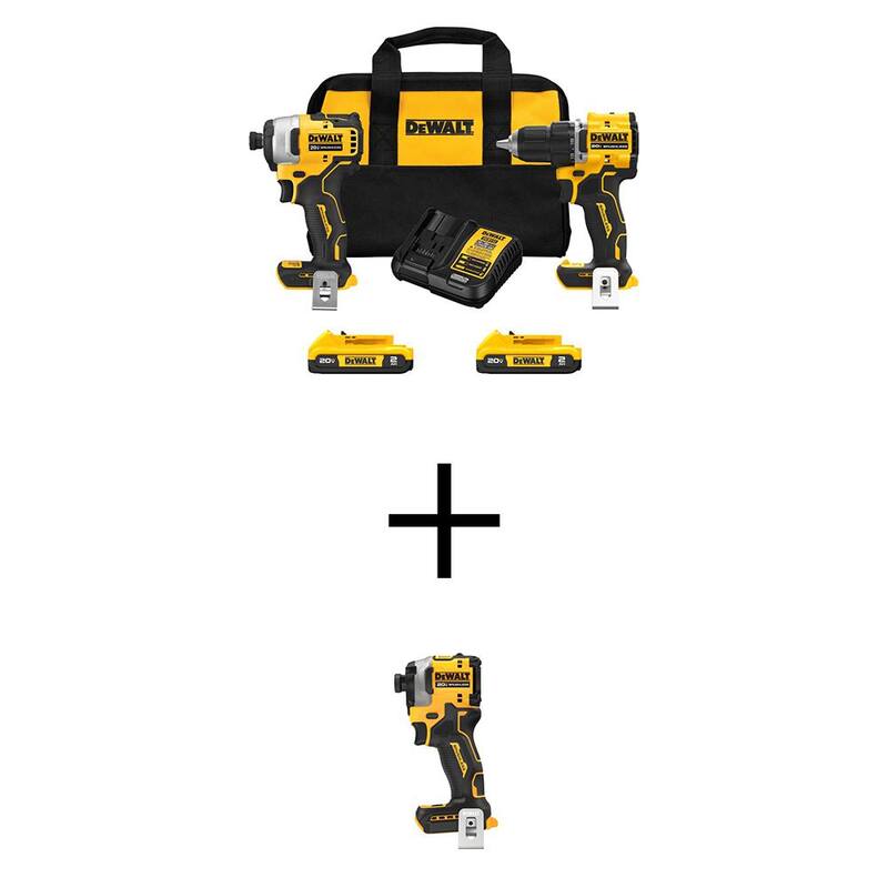 Kit combinado inalámbrico DEWALT ATOMIC 20V MAX de iones de litio (2 herramientas) y destornillador de impacto de 1/4 de pulgada con (2) baterías de 2 Ah, cargador y bolsa - DCK225D2WCF850B