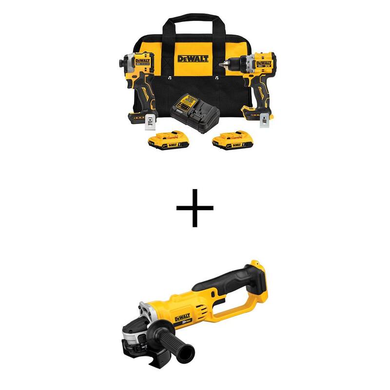 taladro/destornillador inalámbrico DEWALT 20V MAX XR, atornillador de impacto ATOMIC, kit combo de 2 herramientas y amoladora angular de 4.5-5 pulgadas, con (2) baterías de 2Ah - DCK2051D2WG412B