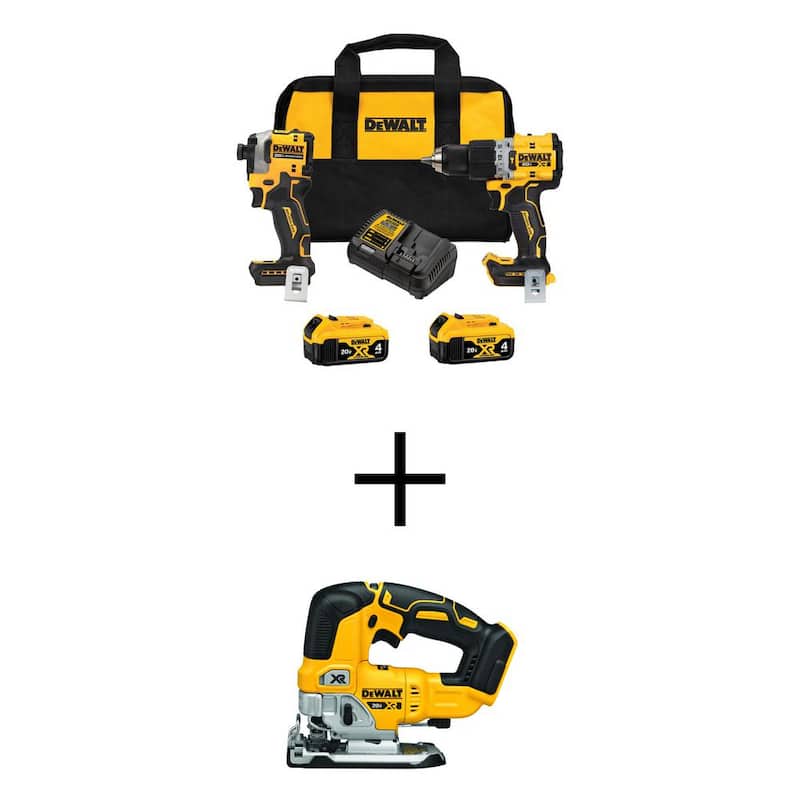 Kit combinado inalámbrico DEWALT 20V MAX XR Hammer Drill y ATOMIC Impact Driver de 2 herramientas y sierra de calar con (2 baterías de 4Ah, cargador y bolsa - DCK2050M2WS334B).