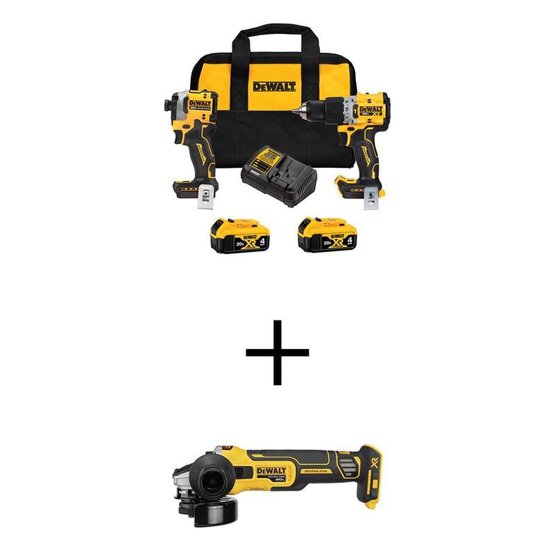 DEWALT taladro martillo 20V MAX XR y controlador de impacto ATOMIC, kit combo inalámbrico de 2 herramientas con amoladora angular y (2) baterías de 4Ah y cargador - DCK2050M2WG405B.