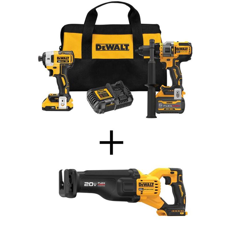 DEWALT Juego de combo inalámbrico para taladro/atornillador de martillo sin escobillas de 20V MAX con FLEXVOLT y sierra reciproca sin escobillas de 20V - DCK2100D1T1W386
