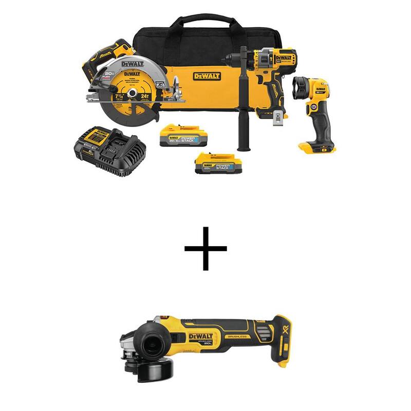 Kit de combo inalámbrico DEWALT 20V MAX de iones de litio con 3 herramientas y amoladora angular pequeña de 4.5 pulgadas con batería de 5.0 Ah y batería de 1.7 Ah - DCK304E1H1W405B.