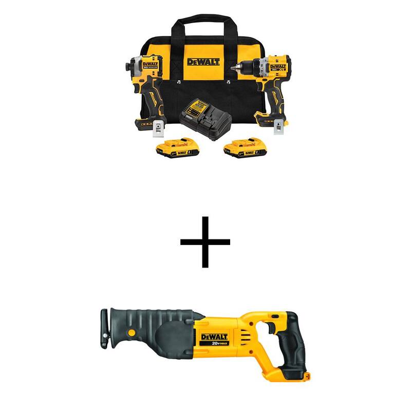 DEWALT Taladro/destornillador inalámbrico 20V MAX XR, destornillador de impacto ATOMIC, combo de 2 herramientas y sierra reciproca con (2) baterías de 2Ah y cargador - DCK2051D2WS380B