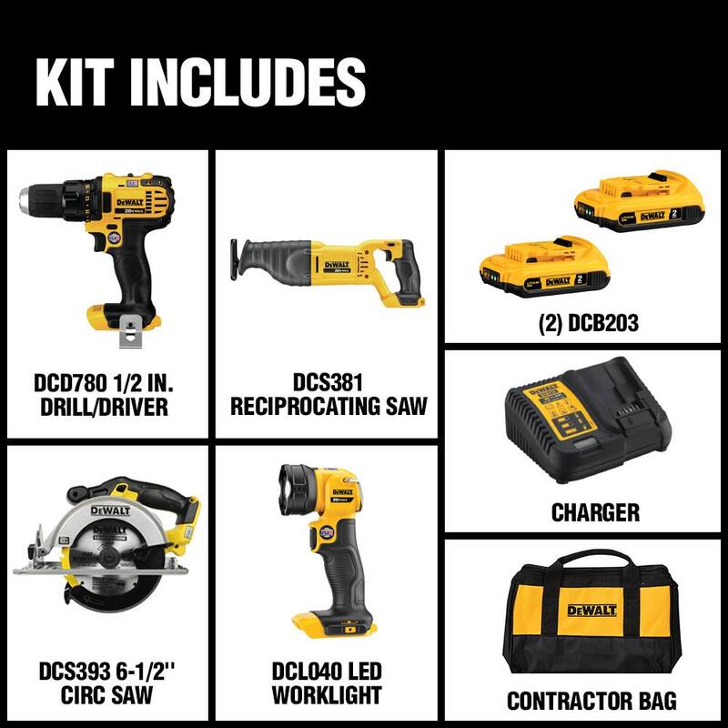 Kit de herramientas inalámbricas DEWALT 20V MAX con 4 herramientas y paquete de batería de iones de litio de 20V MAX de 4.0Ah, (2) baterías de 20V 2.0Ah y cargador - DCK423D2WDCB204.