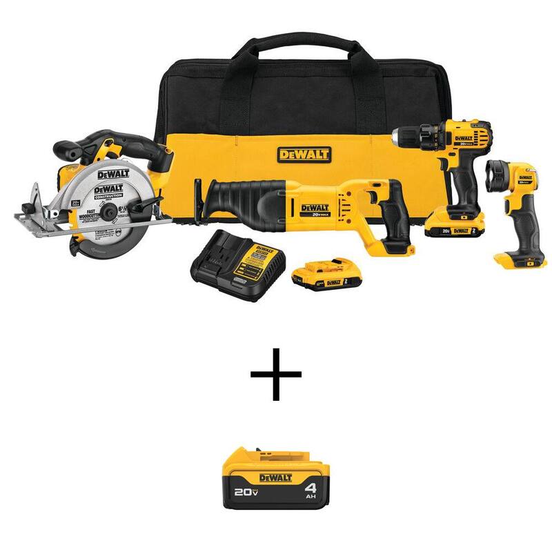 Kit de herramientas inalámbricas DEWALT 20V MAX con 4 herramientas y paquete de batería de iones de litio de 20V MAX de 4.0Ah, (2) baterías de 20V 2.0Ah y cargador - DCK423D2WDCB204.