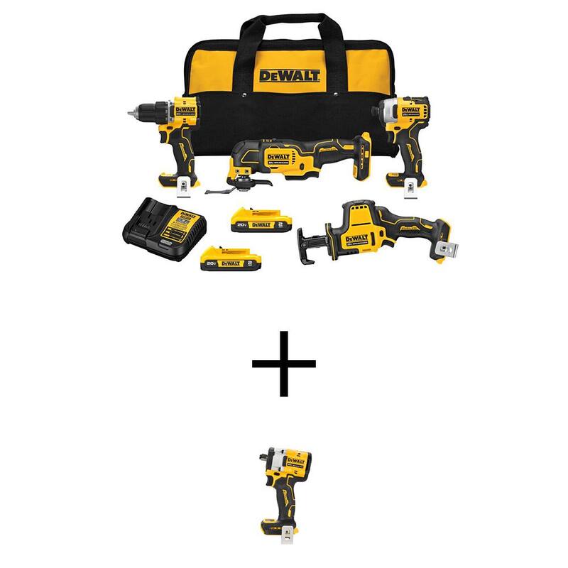 Kit combinado sin cable DEWALT ATOMIC 20V de iones de litio Brushless 4 herramientas y 1/2 pulg. Llave de impacto con (2) Baterías 2Ah y cargador - DCK486D2WCF921B
