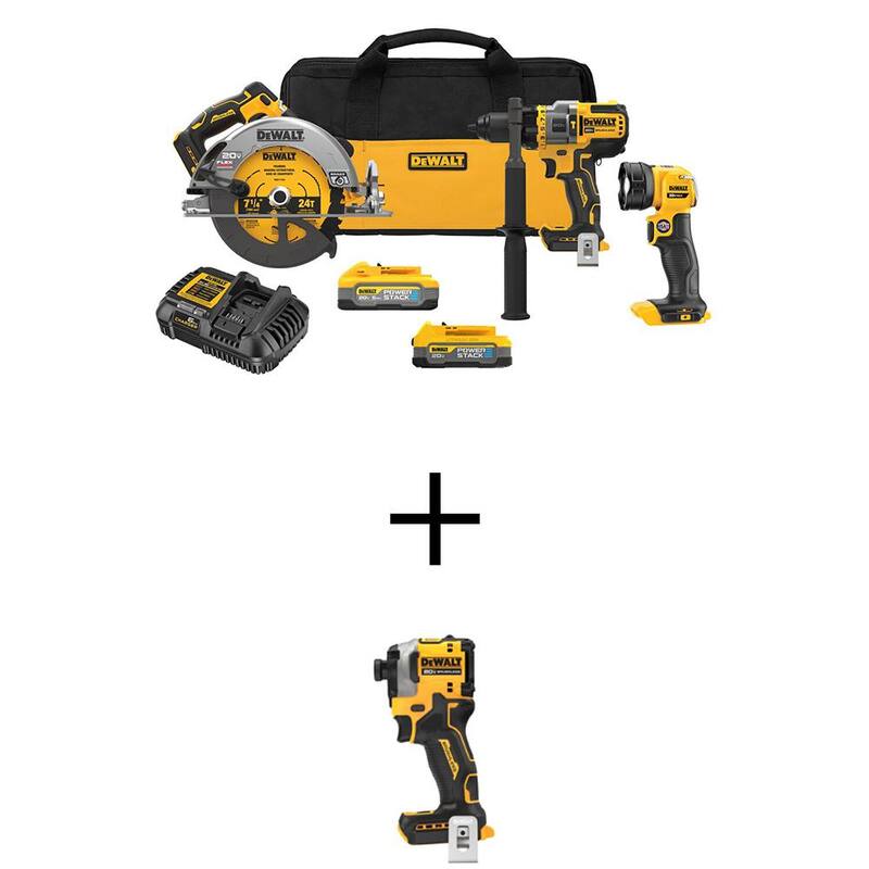 Kit combinado inalámbrico DEWALT 20V MAX de 3 herramientas de litio-ion con taladro compacto sin escobillas de 1/4 de pulgada y baterías de 5Ah y 1.7Ah - DCK304E1H1W850B