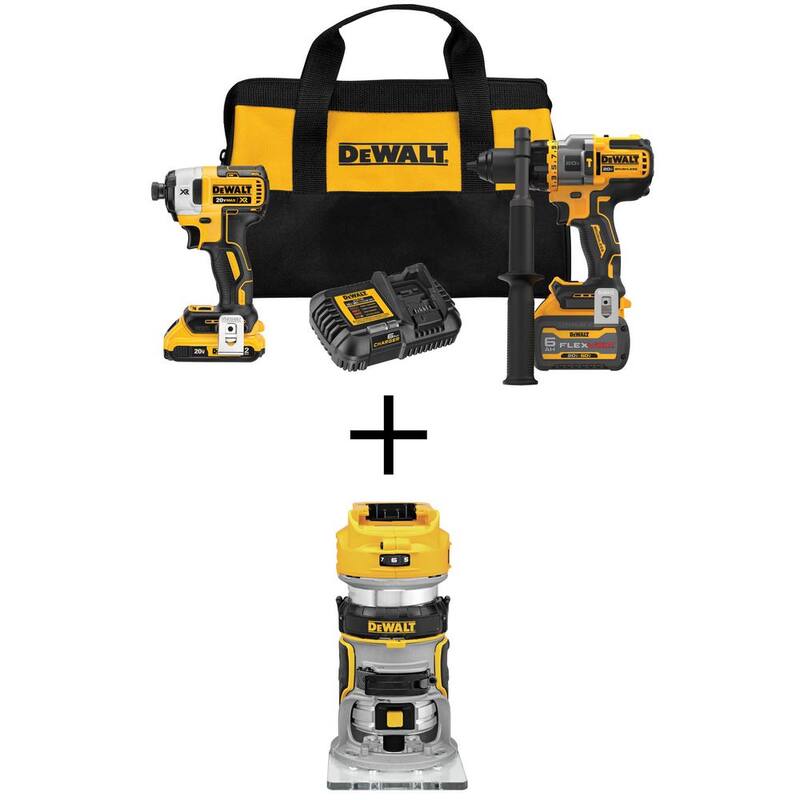 Kit combo DEWALT 20V MAX inalámbrico, sin escobillas, de taladro/martillo y destornillador con FLEXVOLT y enrutador compacto de 20V sin escobillas - DCK2100D1T1W600.