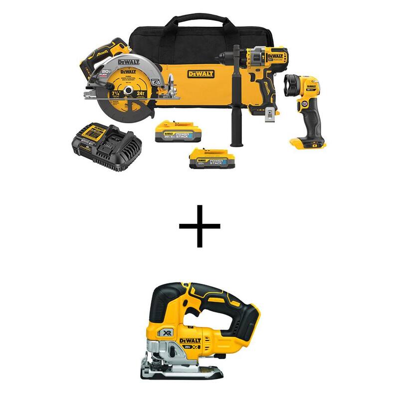 Juego de herramientas combo inalámbrico DEWALT 20V MAX de 3 herramientas con batería de 5.0 Ah y 1.7 Ah y sierra caladora sin escobillas - DCK304E1H1W334B
