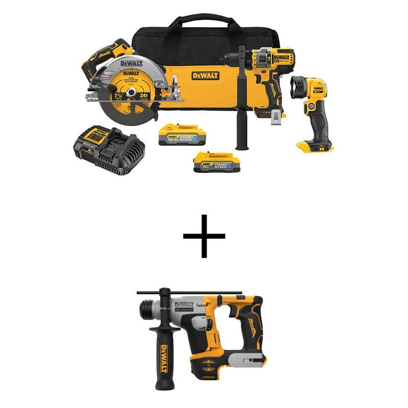 Kit combo inalámbrico DEWALT 20V MAX de iones de litio con 3 herramientas y taladro martillo SDS Plus ultra compacto de 5/8 pulgadas con baterías de 5Ah y 1.7Ah - DCK304E1H1W172B