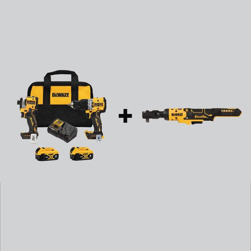 Juego combinado inalámbrico con taladro martillo DEWALT 20V MAX XR y destornillador de impacto ATOMIC (2 herramientas) y llave de carraca de 3/8 pulg. con (2) baterías de 4 Ah - DCK2050M2WCF513